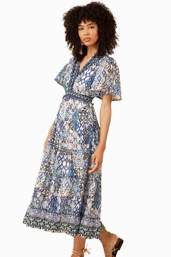 Blue Tribal Print Flutter Sleeve Maxi