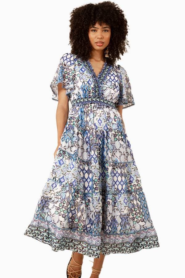 Blue Tribal Print Flutter Sleeve Maxi