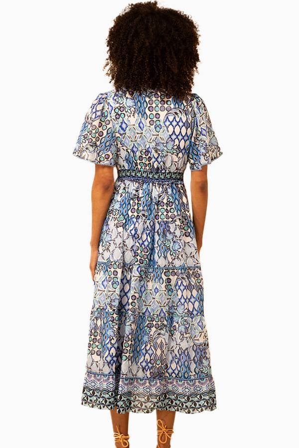 Blue Tribal Print Flutter Sleeve Maxi