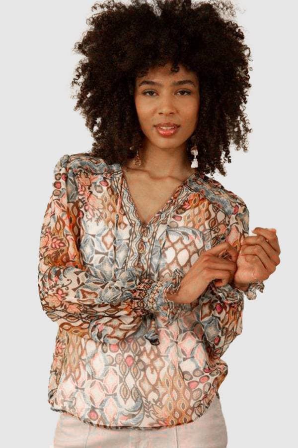 Hale Bob Tribal Print Silk Blouse W/Cami