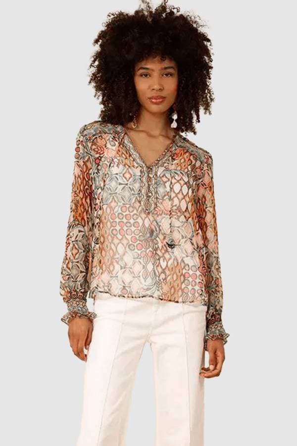 Hale Bob Tribal Print Silk Blouse W/Cami