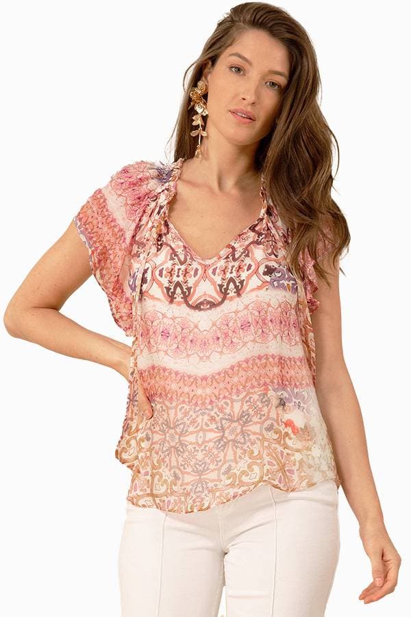 Pink Multi Print Silk Top with Flutter Slv