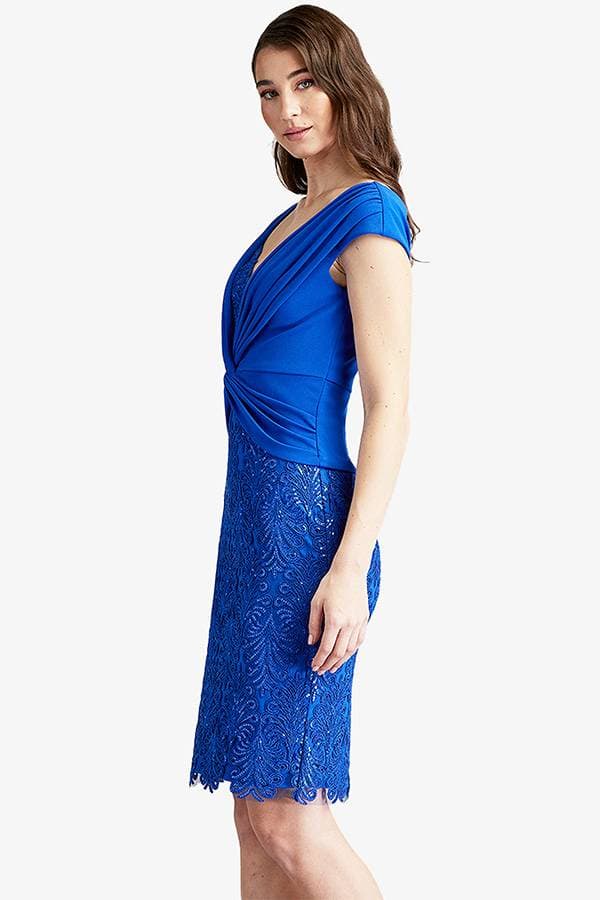 Side view of Cocktail Vneck Crepe Twist Blue Dress