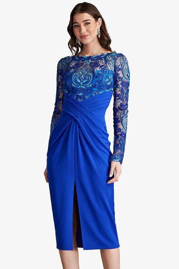 Model wearing a blue Crisscross Draped Midi Dress