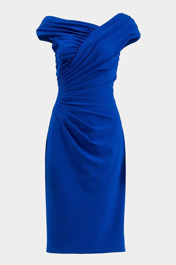 Model wearing a blue Asymmetric Neckline Dress with Cap Sleeves
