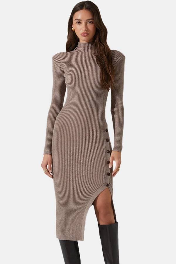Ribbed Mock Dress with Button Slit