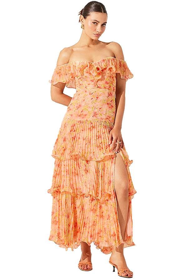 Off-The-Shoulder Coral Floral Dress