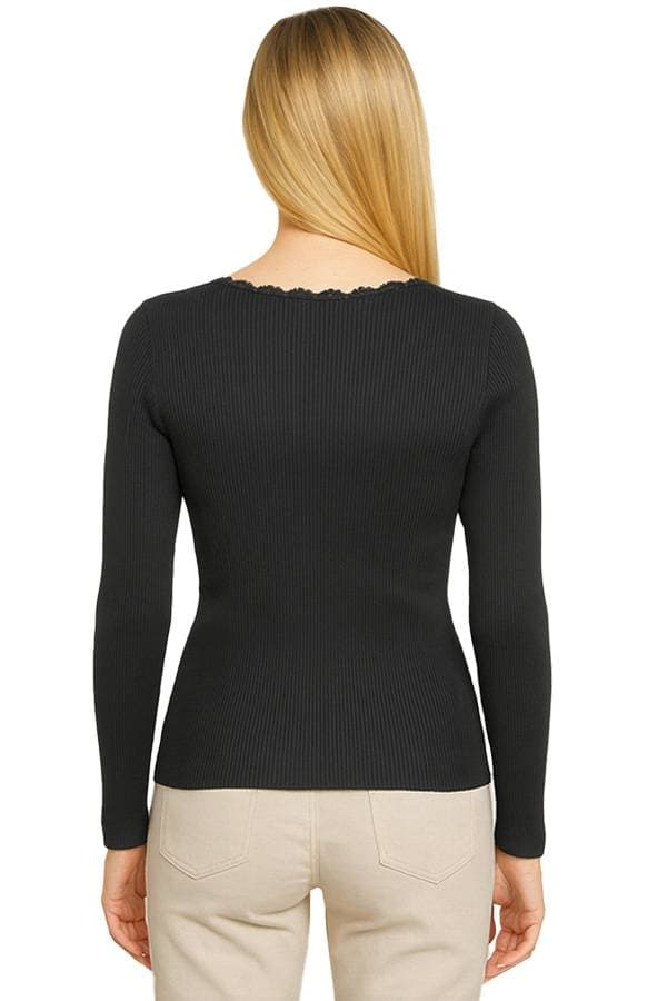 Black Floral-Edge Scoop Ribbed Knit Top