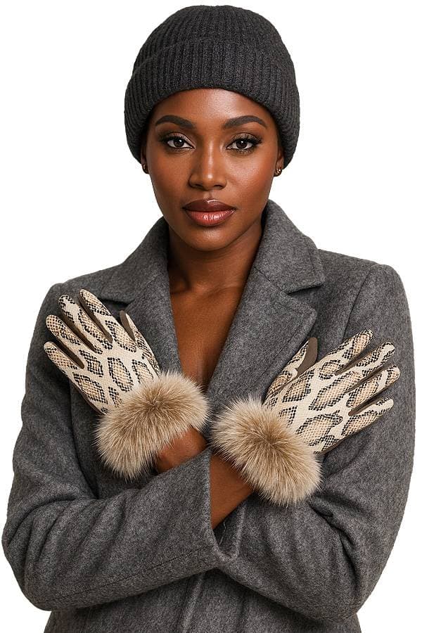 Sueded Python Gloves - Pearl/Taupe