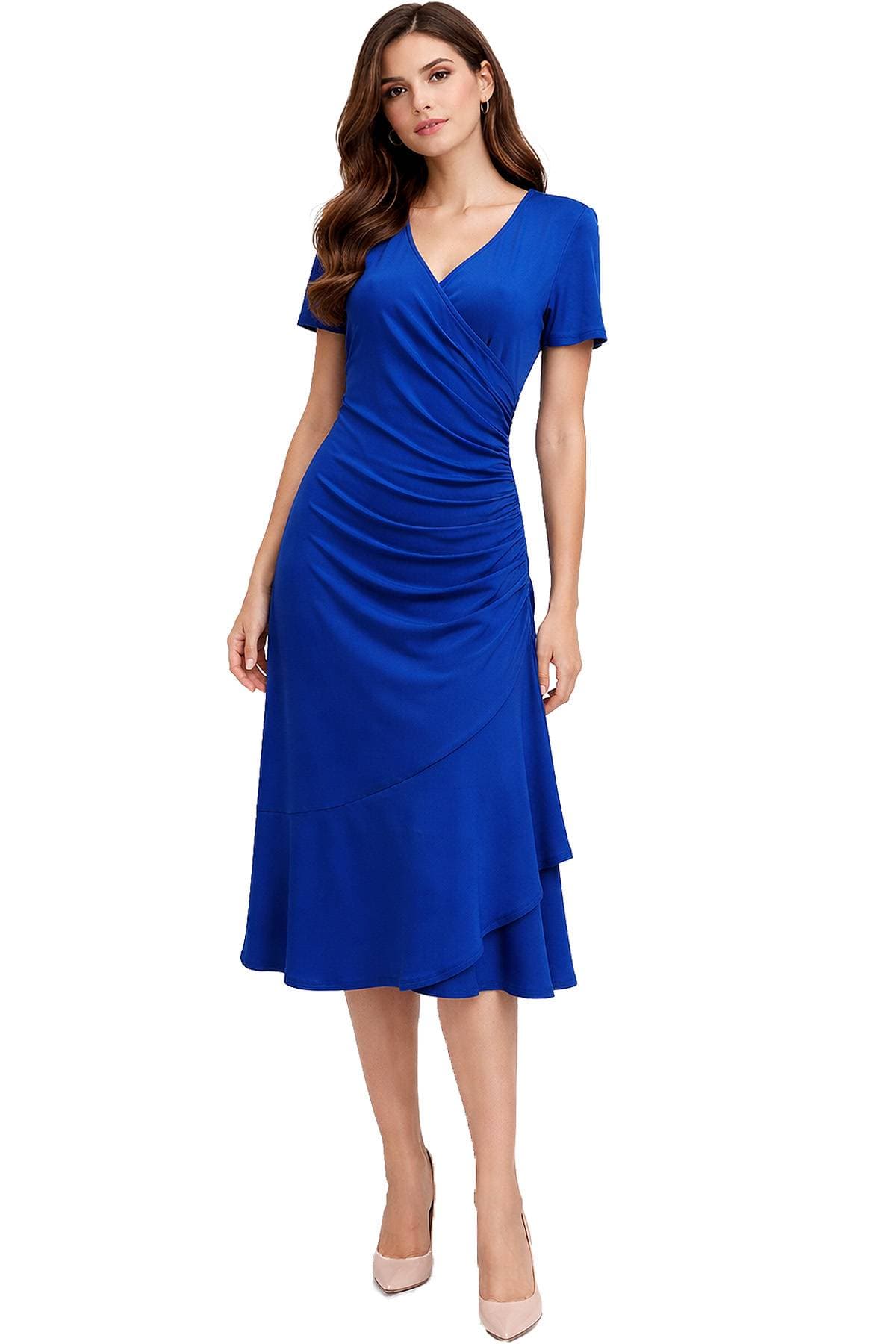 A woman wearing a knee-length, short-sleeved blue dress with ruching and asymmetrical hemline.