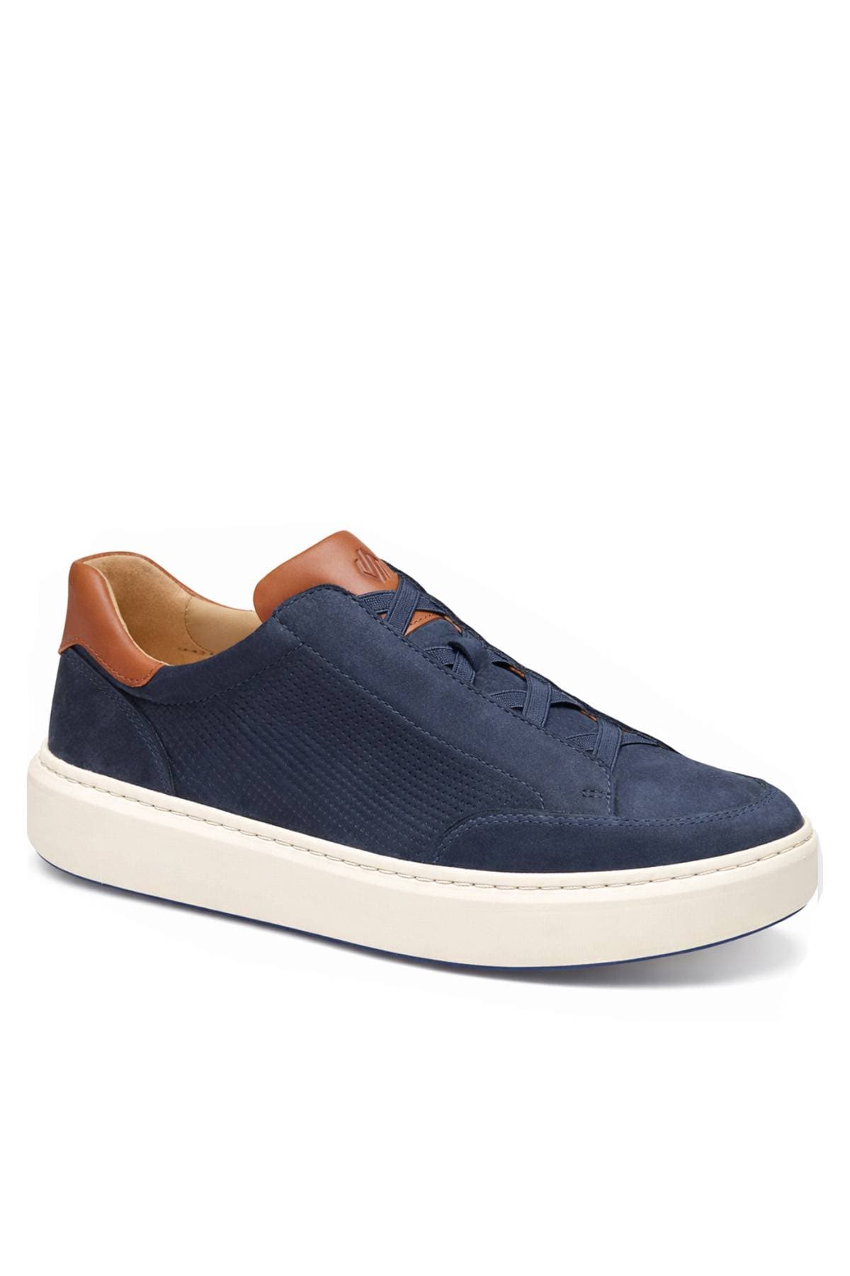 A navy blue sneaker with brown accents and a white sole.