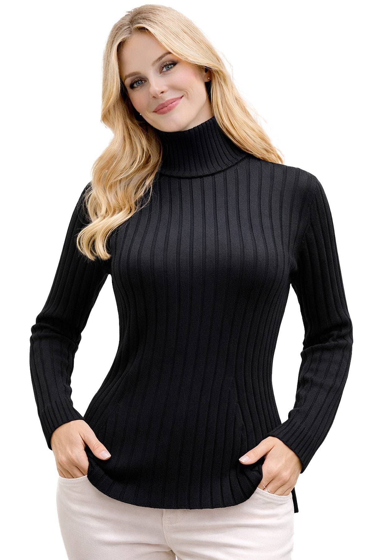 A person wearing a black turtleneck sweater and light-colored pants with hands in their pockets.