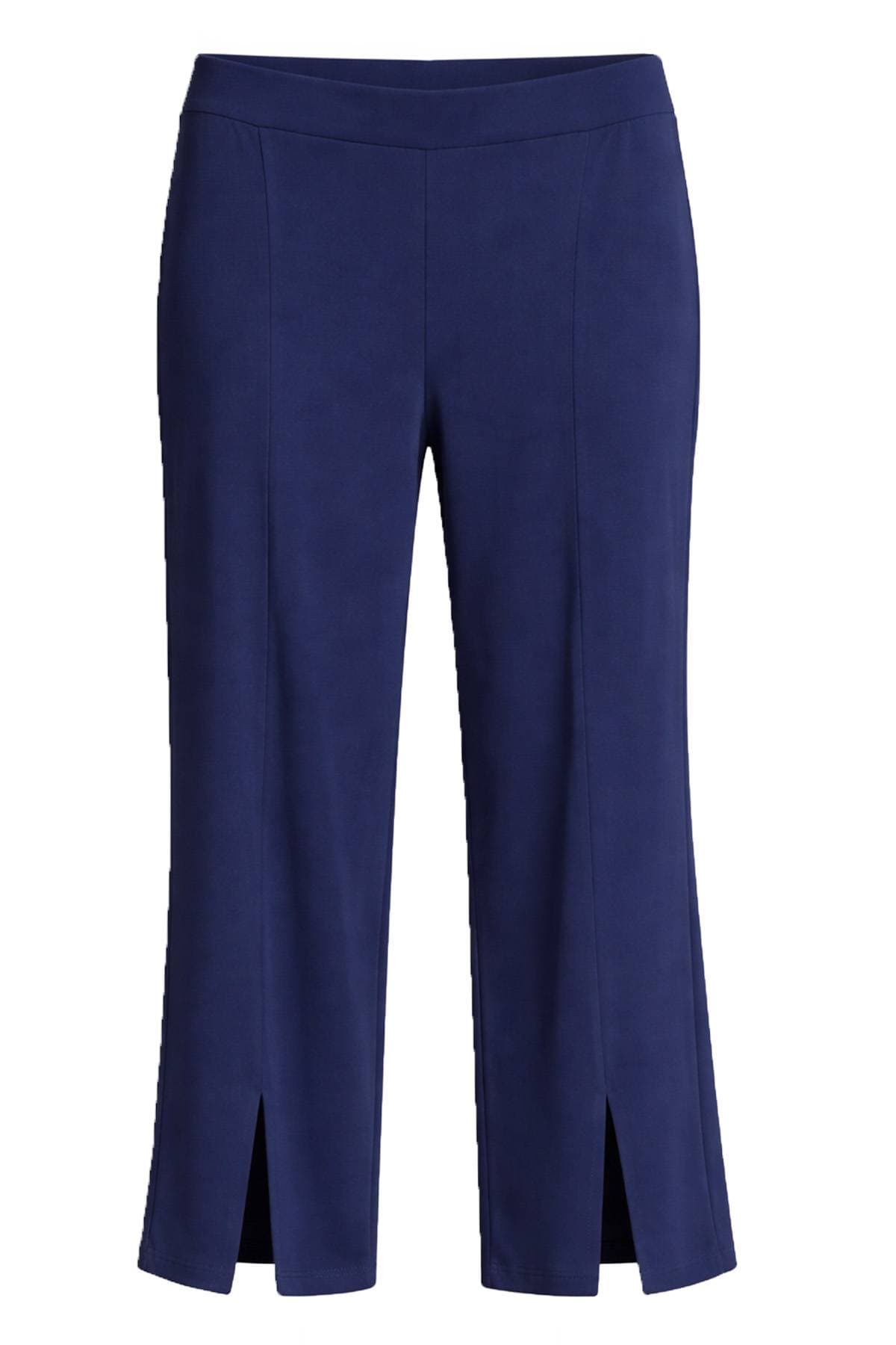 A pair of navy blue culottes with front slits at the hem.