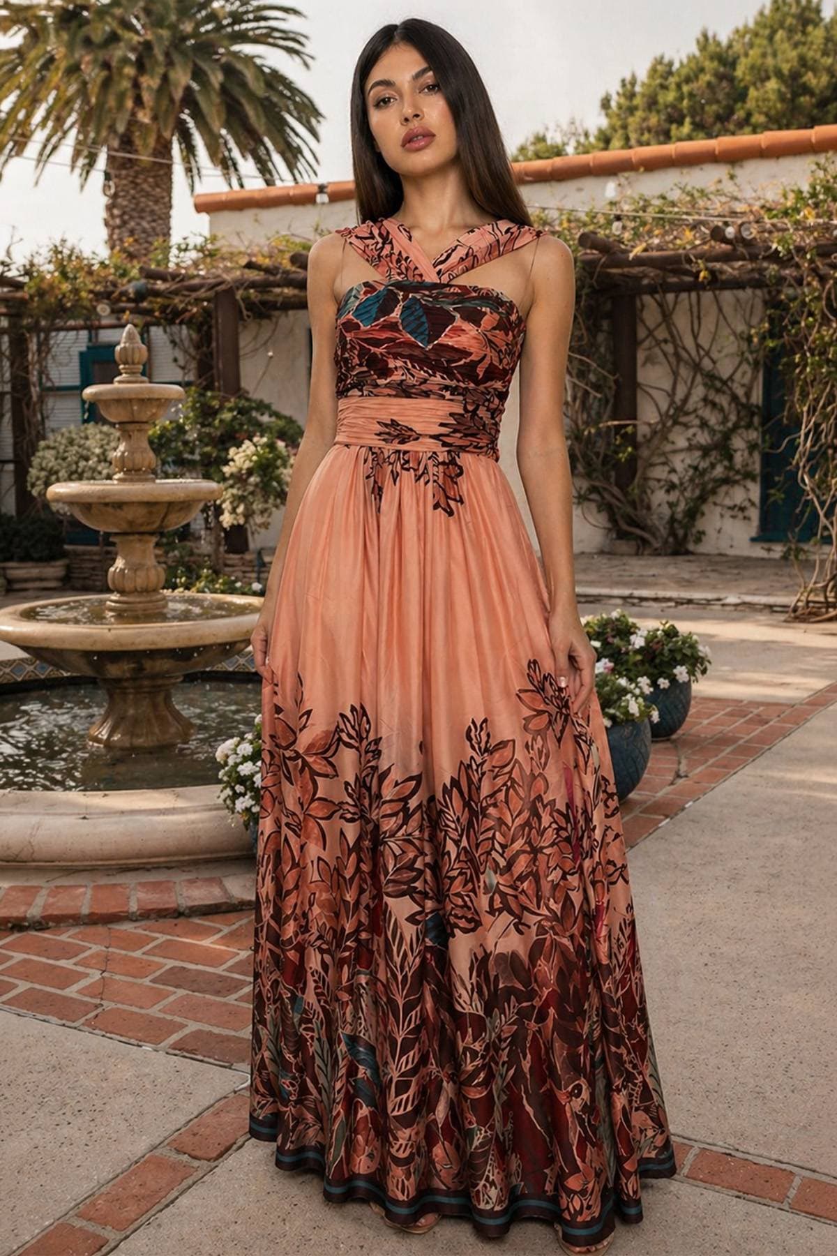 Peach Orange Multi Placement Print Gown | Women's - 595.00 - Alternative view 2