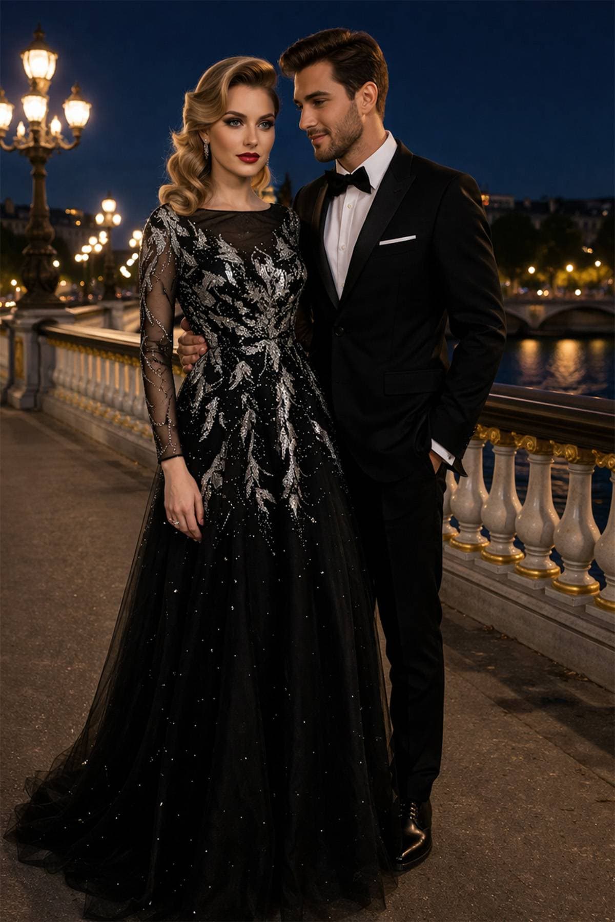 A couple in formal evening attire stands closely, with the woman in a sequined black gown and the man in a classic black tuxedo.
