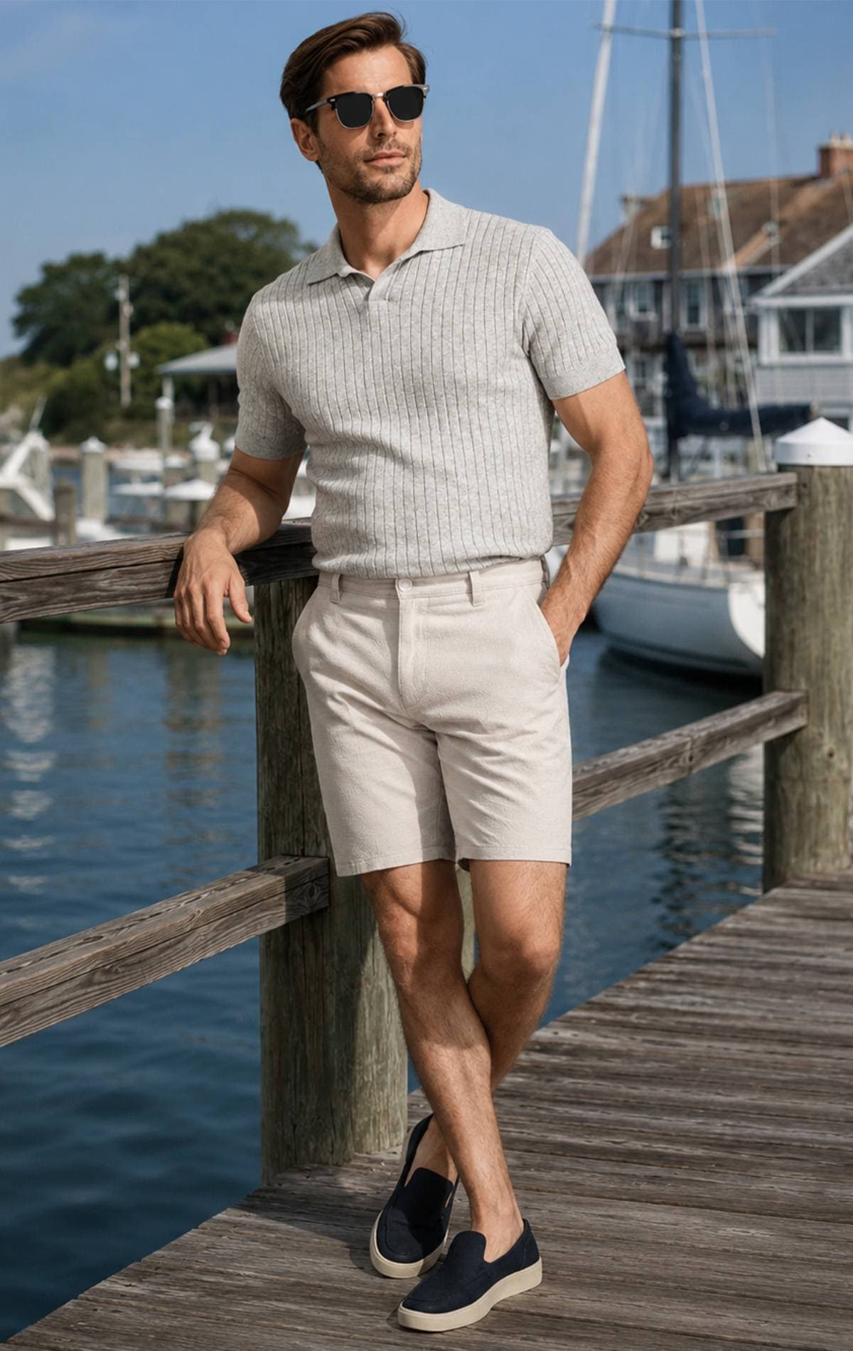 A man wearing sunglasses, a gray ribbed short-sleeve shirt, beige shorts, and navy slip-on shoes leans against a wooden railing.