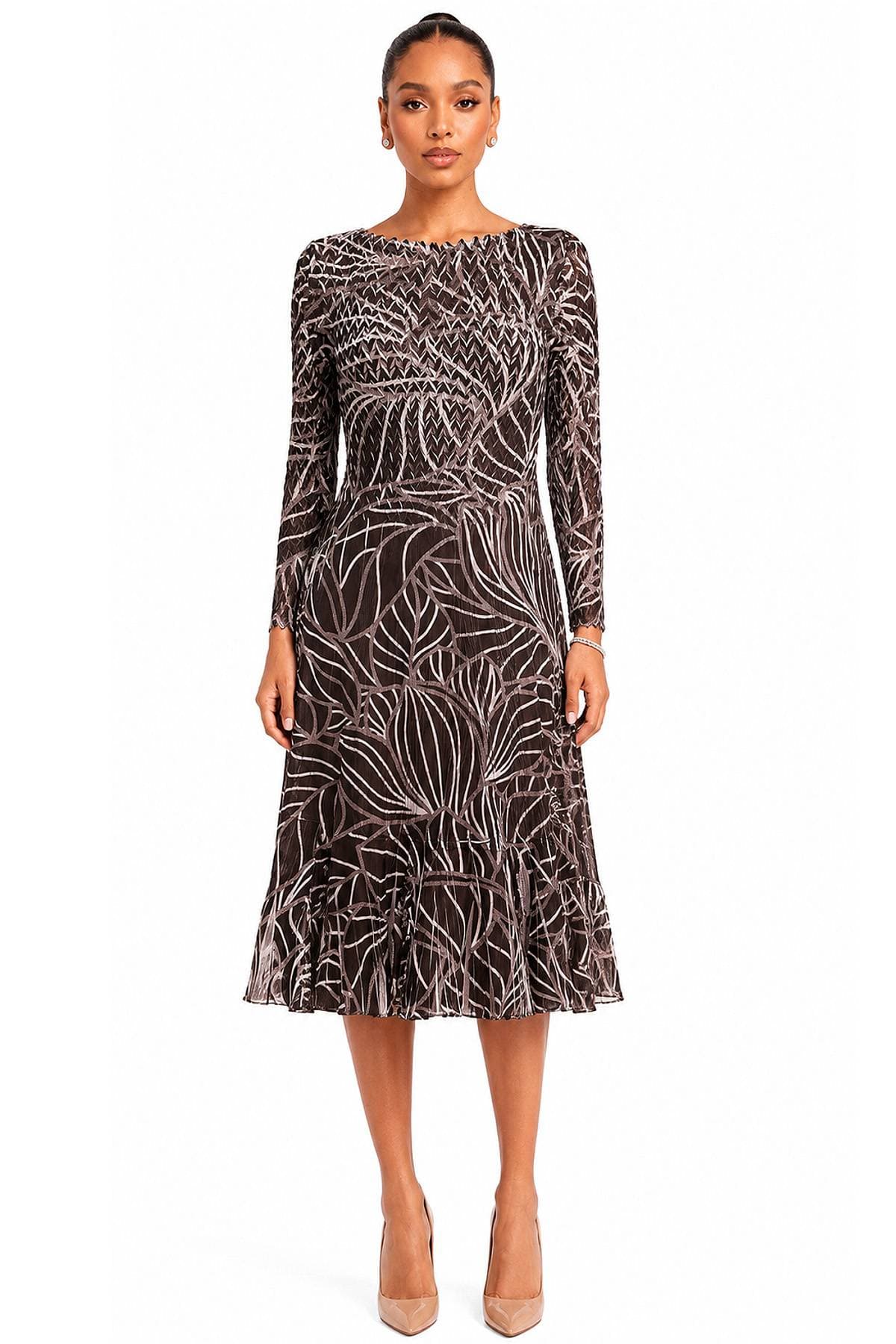 Dark Brown Shimmer Geo Print Charmeuse Midi Dress | Komarov - 395.00 - Main product view