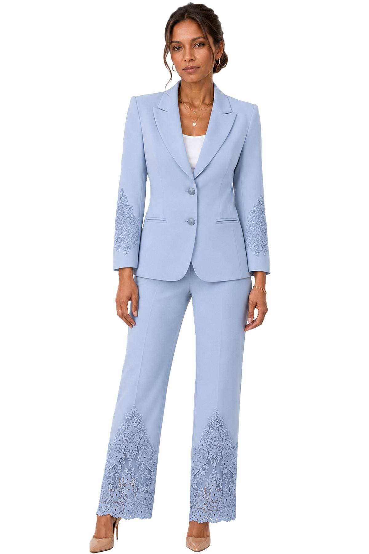 Baby Blue Crepe Lace Detail 2-Piece Pant Suit | Women's - 395.00 - Main product view