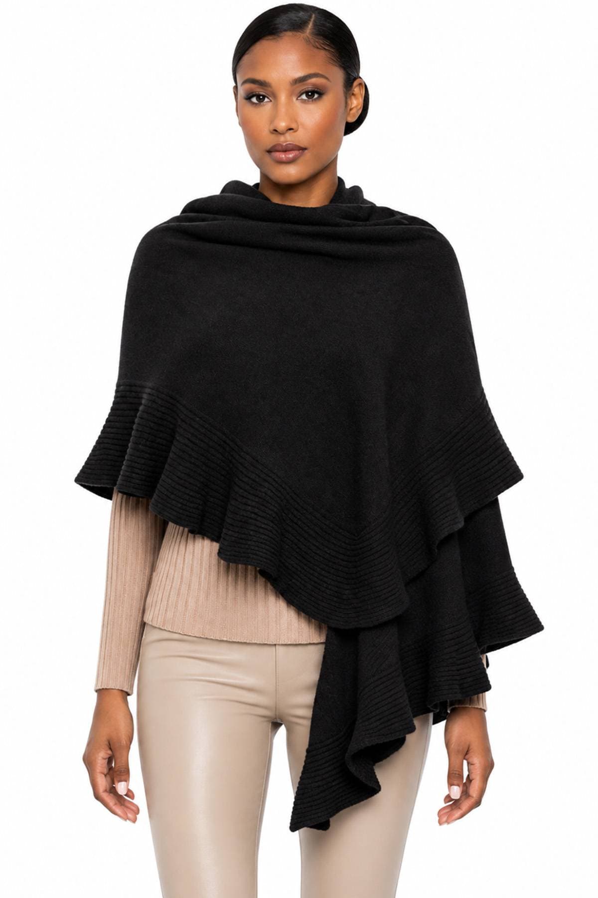 Black 100% Cashmere Italian Ruffle Shawl | Women's - 565.00 - Main product view
