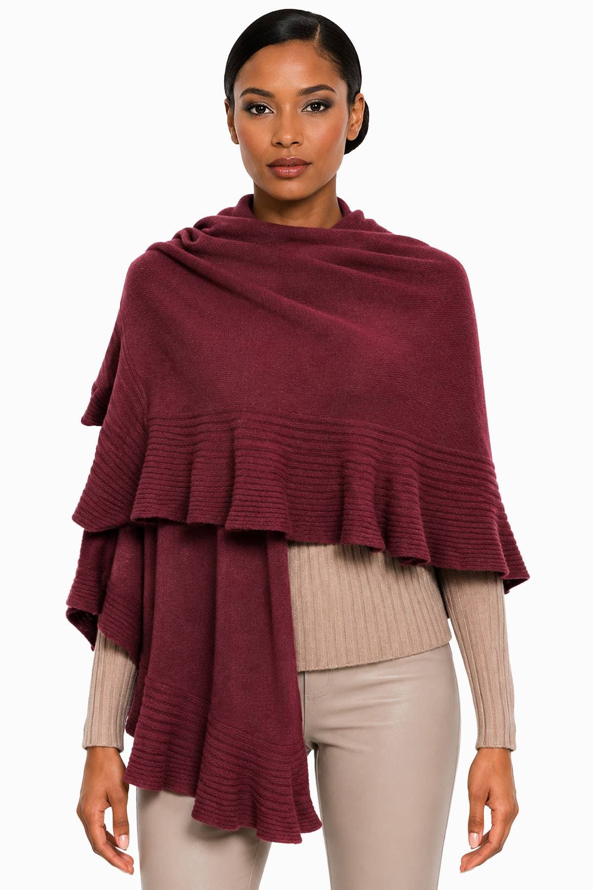 Burgundy 100% Cashmere Italian Ruffle Shawl | Women's - 565.00 - Main product view