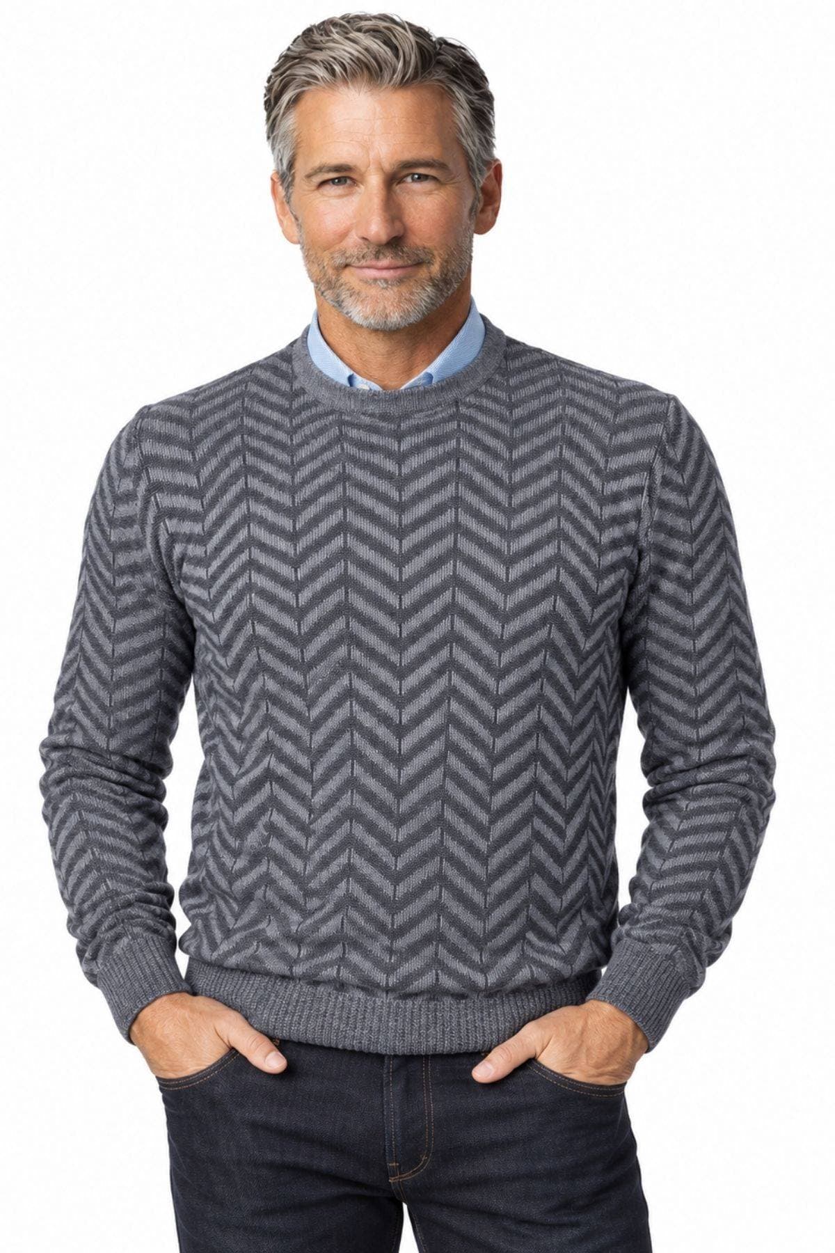 Charcoal Grey Maxi Chevron Wool-Blend Crew Neck Sweater - 245.00 - Main product view