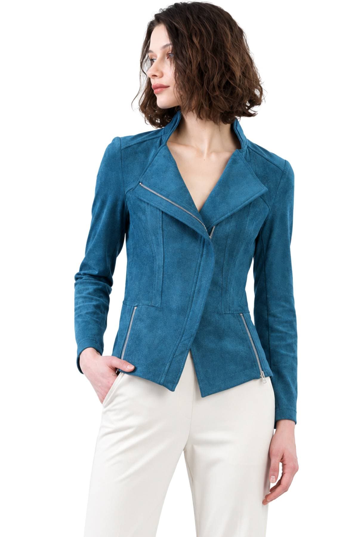 Washed Teal Faux Vegan Suede Moto Jacket | Women's - 285.00 - Main product view
