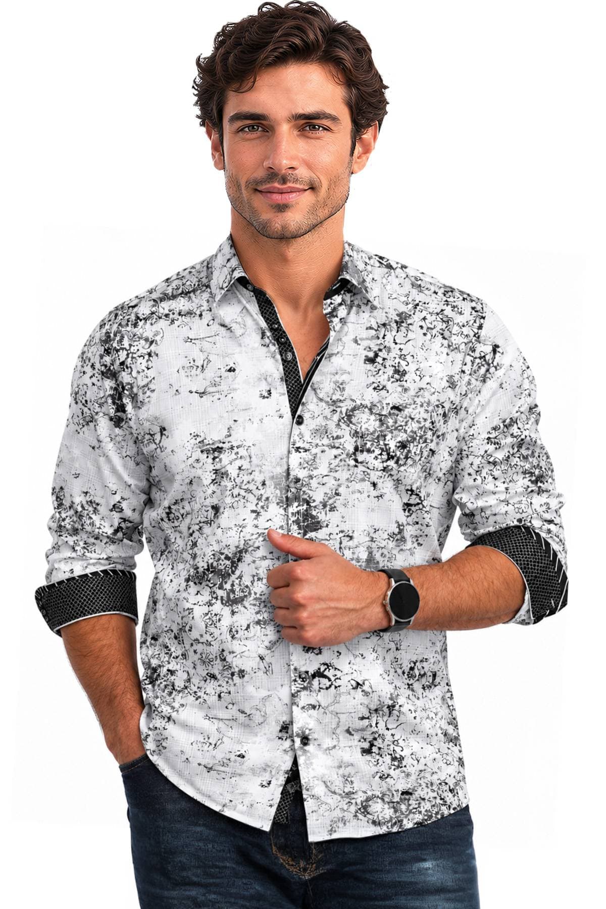 Luxury Black & White Stretch Cotton Shirt | Men's - 195.00 - Main product view