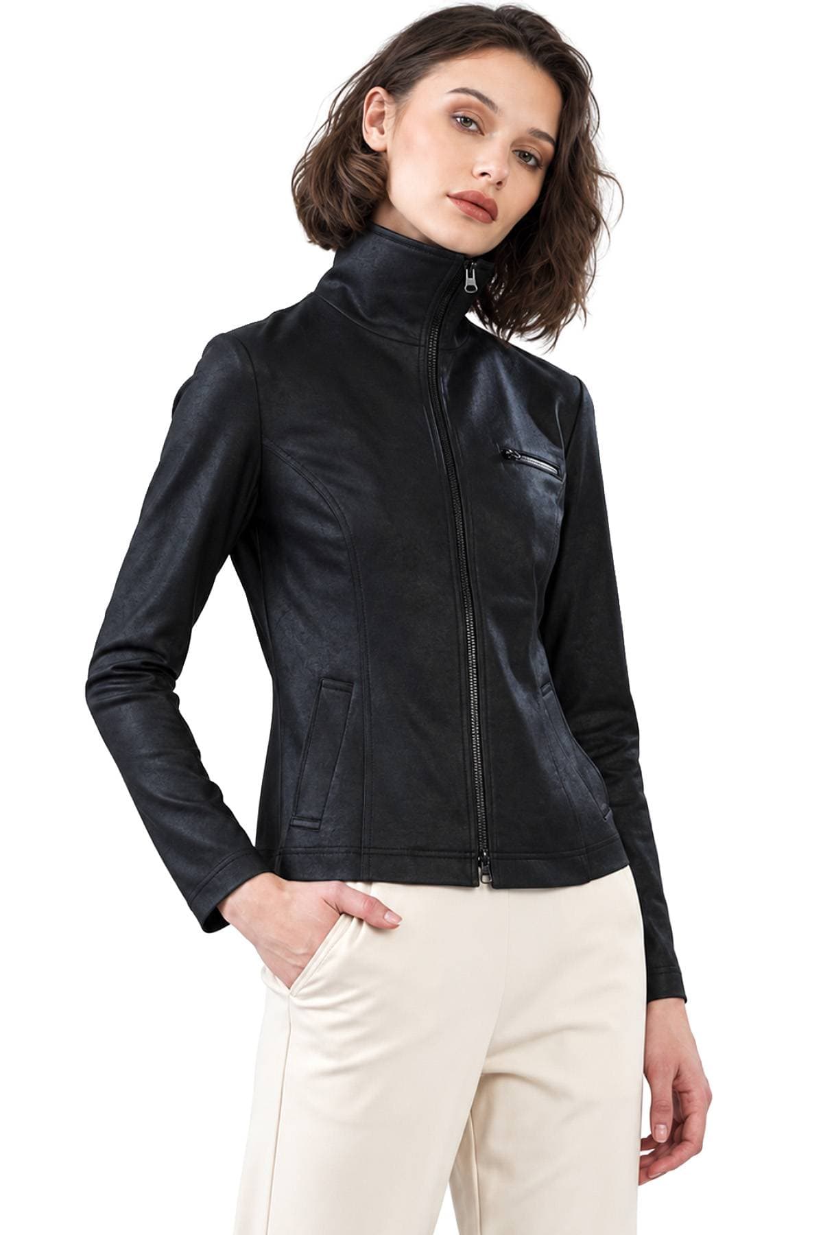Black Tailored Liquid Leather Zip Jacket| Women's - 265.00 - Alternative view 2