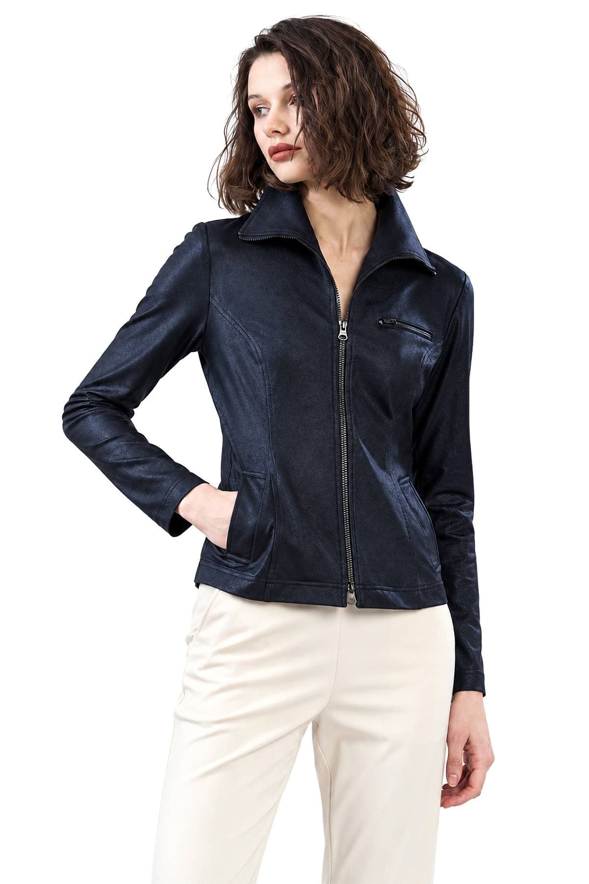Black Tailored Liquid Leather Zip Jacket| Women's - 265.00 - Main product view