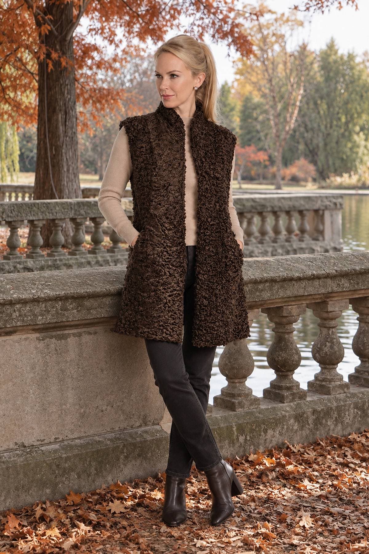 Brown Persian Lamb Shearling Reversible to Leather Vest | Women's - 1675.00 - Alternative view 2