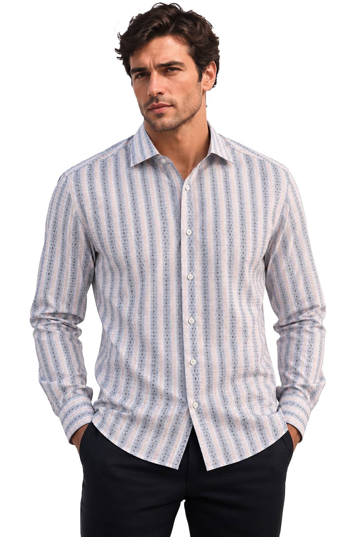 Blue & Tan Jacquard Woven Sport Shirt | Men's - 195.00 - Main product view