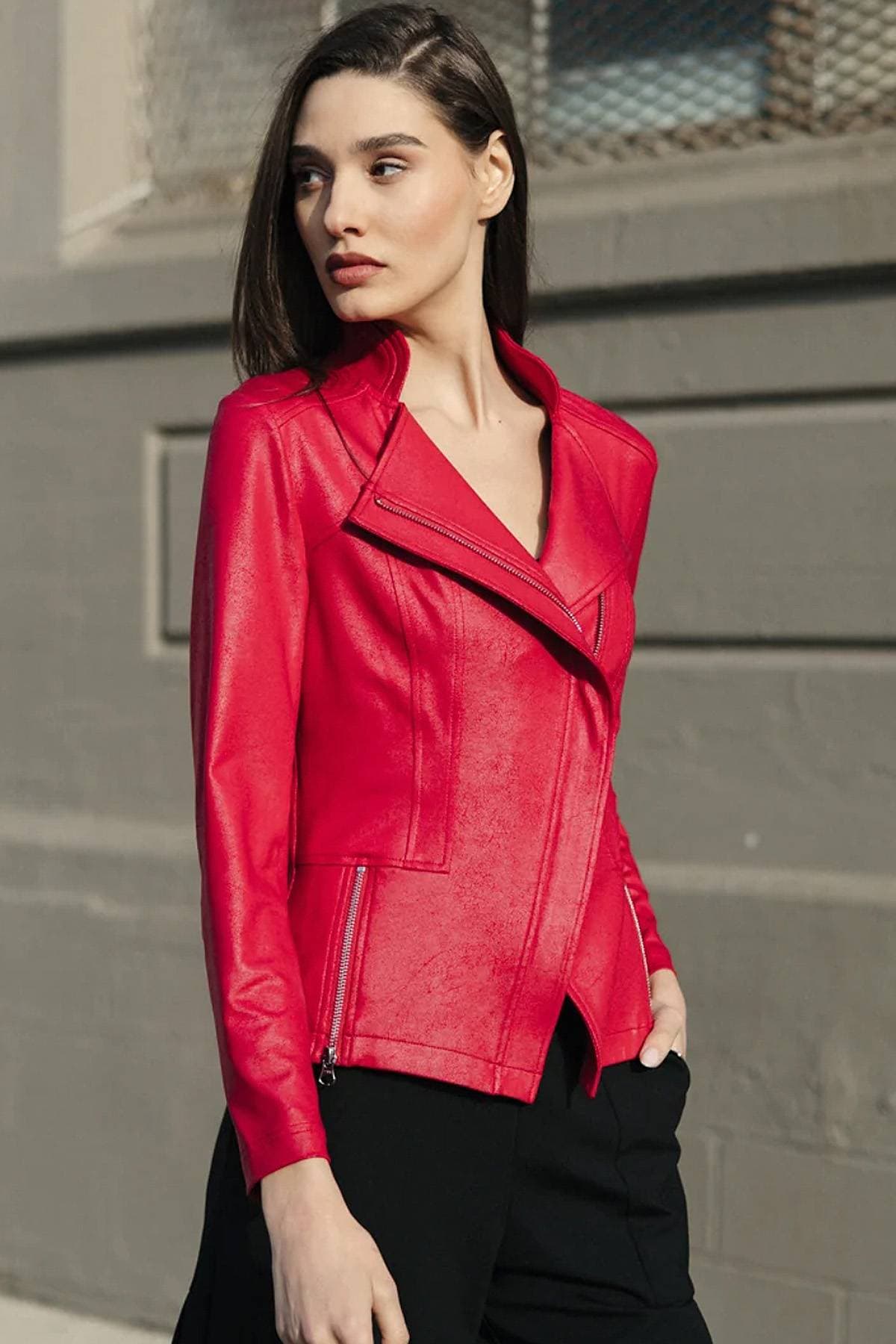 Red Liquid Leather Vegan Moto Jacket | Women's - 275.00 - Alternative view 2