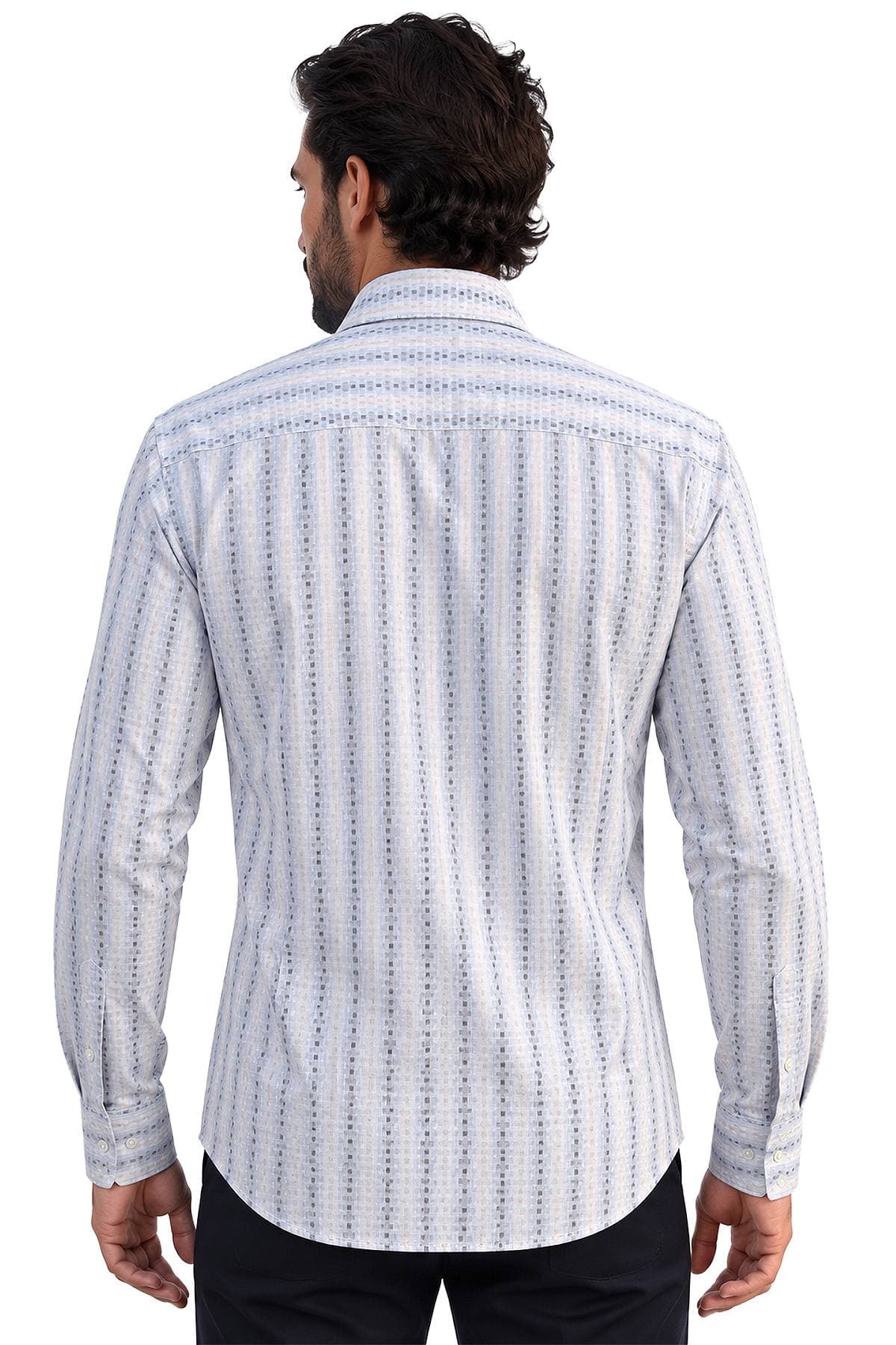 Blue & White Jacquard Stripe Sport Shirt | Men's - 195.00 - Alternative view 2