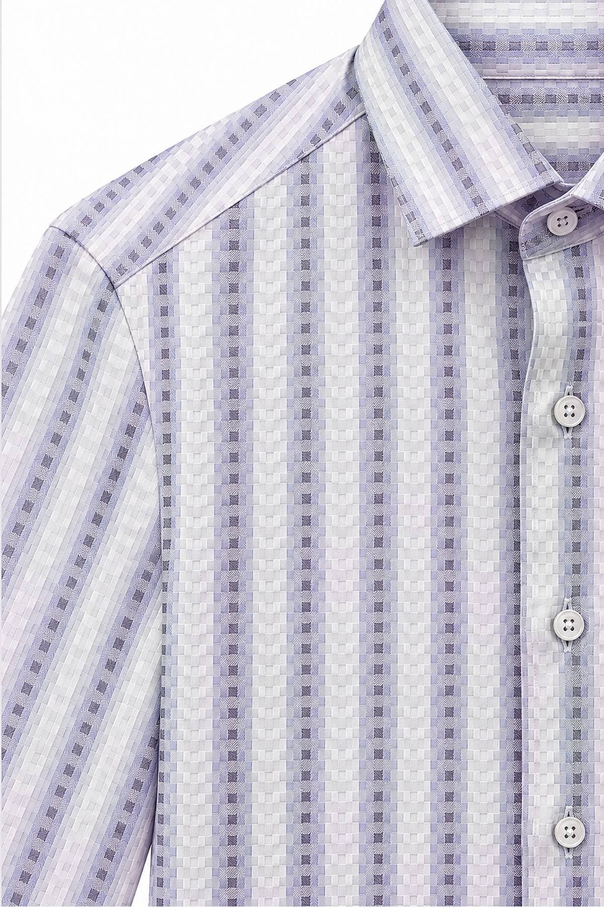Blue & White Jacquard Stripe Sport Shirt | Men's - 195.00 - Alternative view 3