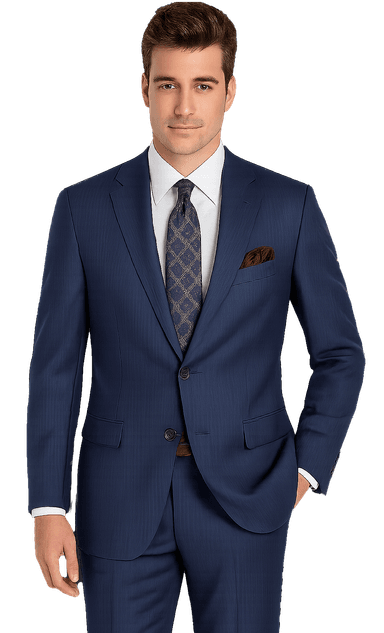 Stylish male model in a dark blue suit, white shirt, and patterned tie, promoting world-class suits