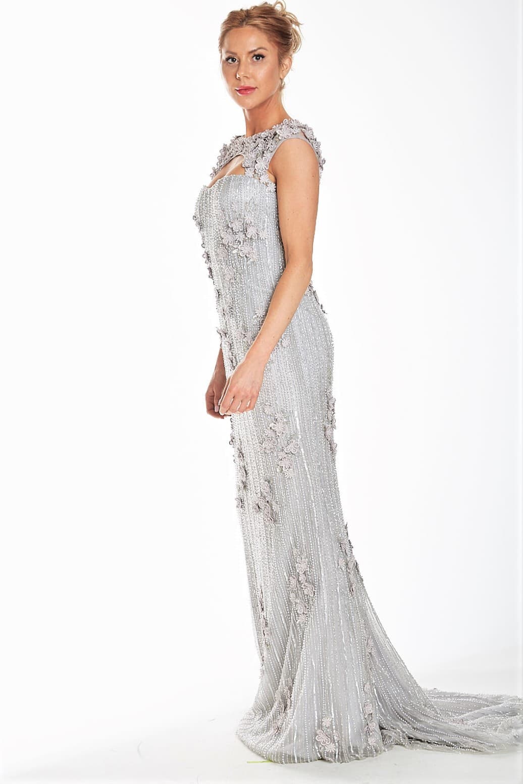 Silver Beaded Embroidered Sweetheart Neck Gown