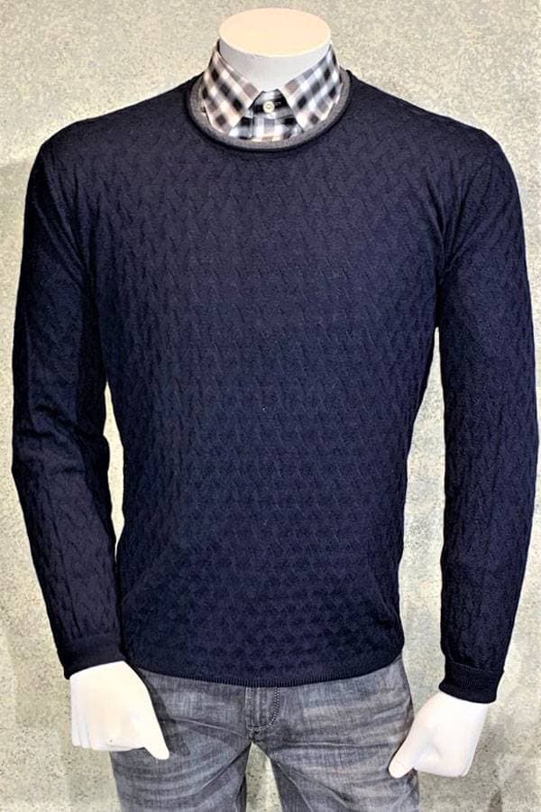 Italian Double Crew Neck Sweater in Basket Weave Jacquard Design
