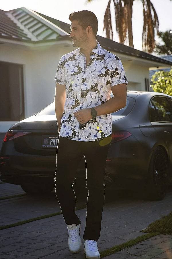 Shirt with Floral and Leaf Print in Satin