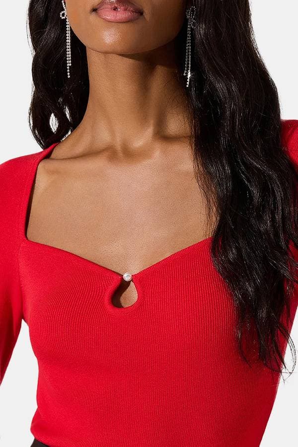 Red Knit Top With Pearl Detail