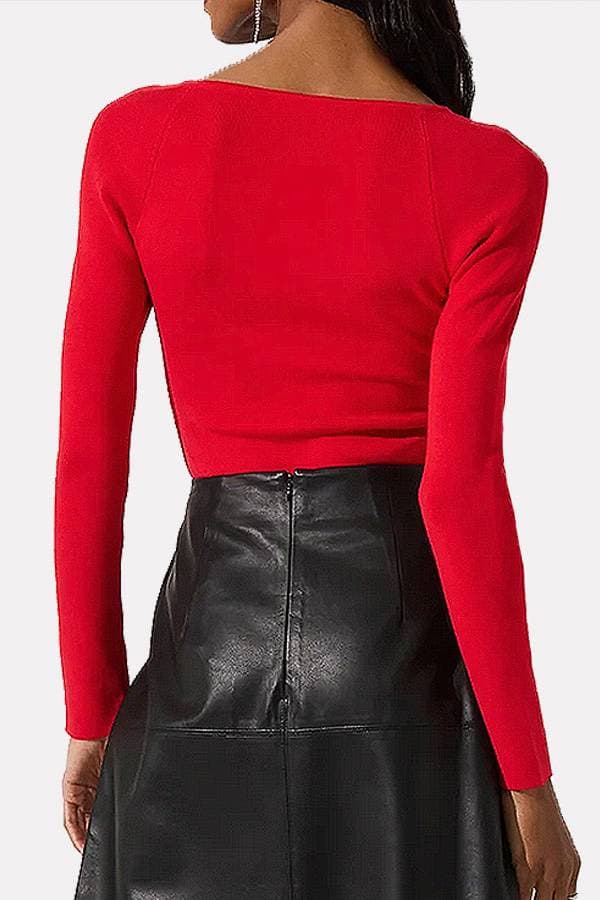Red Knit Top With Pearl Detail