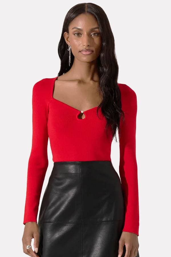 Red Knit Top With Pearl Detail