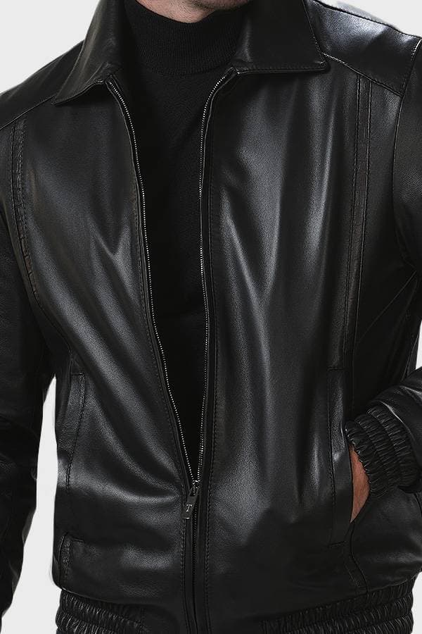 Black Leather Jacket with Croc-Trim Details