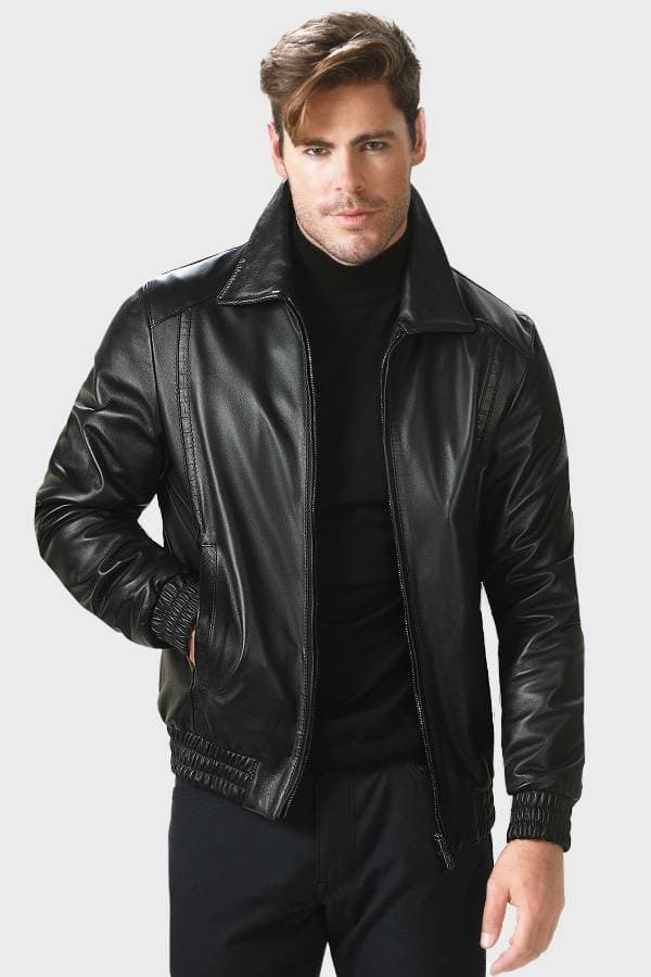 Black Leather Jacket with Croc-Trim Details