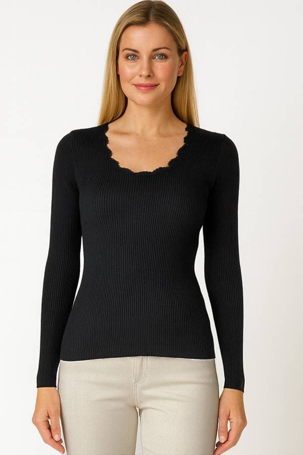 Black Floral-Edge Scoop Ribbed Knit Top