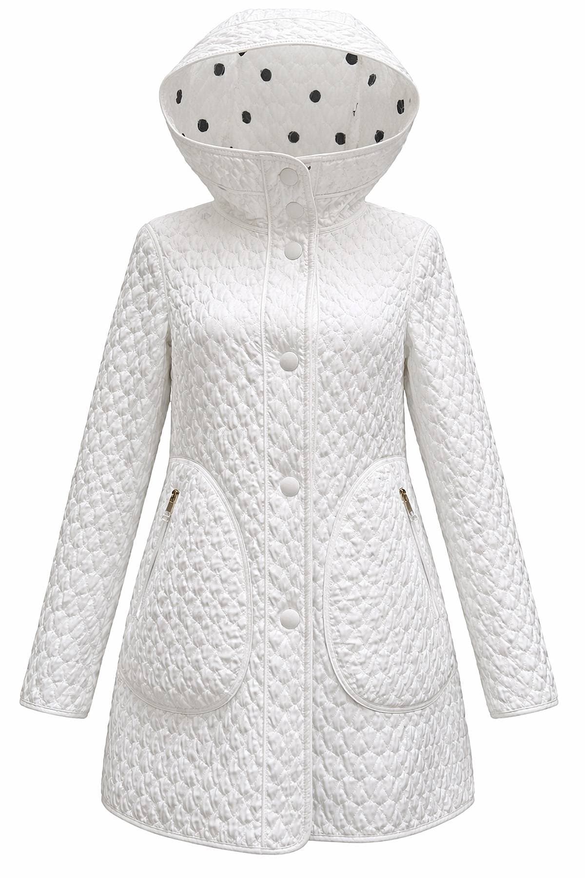 A white quilted coat with a hood lined with black polka dots and large front pockets.