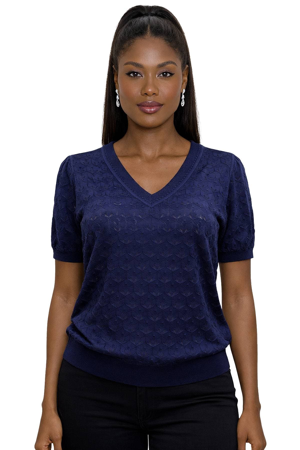 Navy Blue Pointelle V-Neck Short-Sleeve Top | Women's - - Main product view