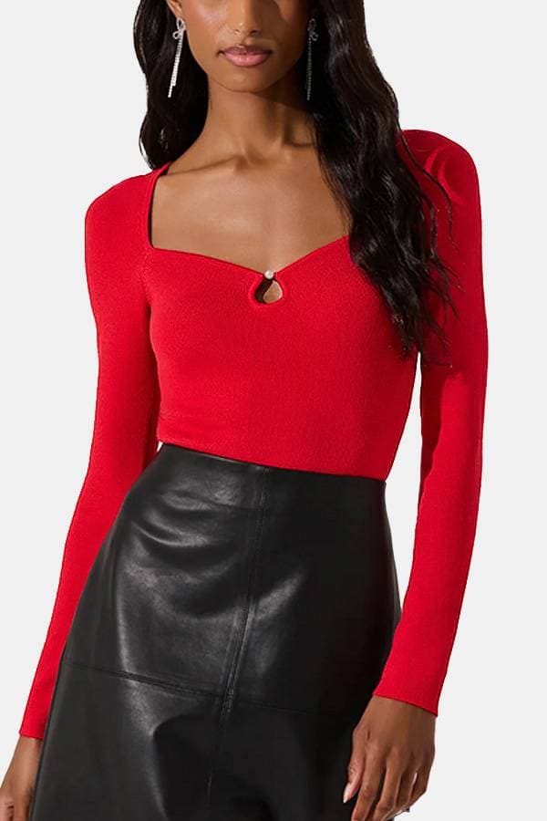 Red Knit Top With Pearl Detail