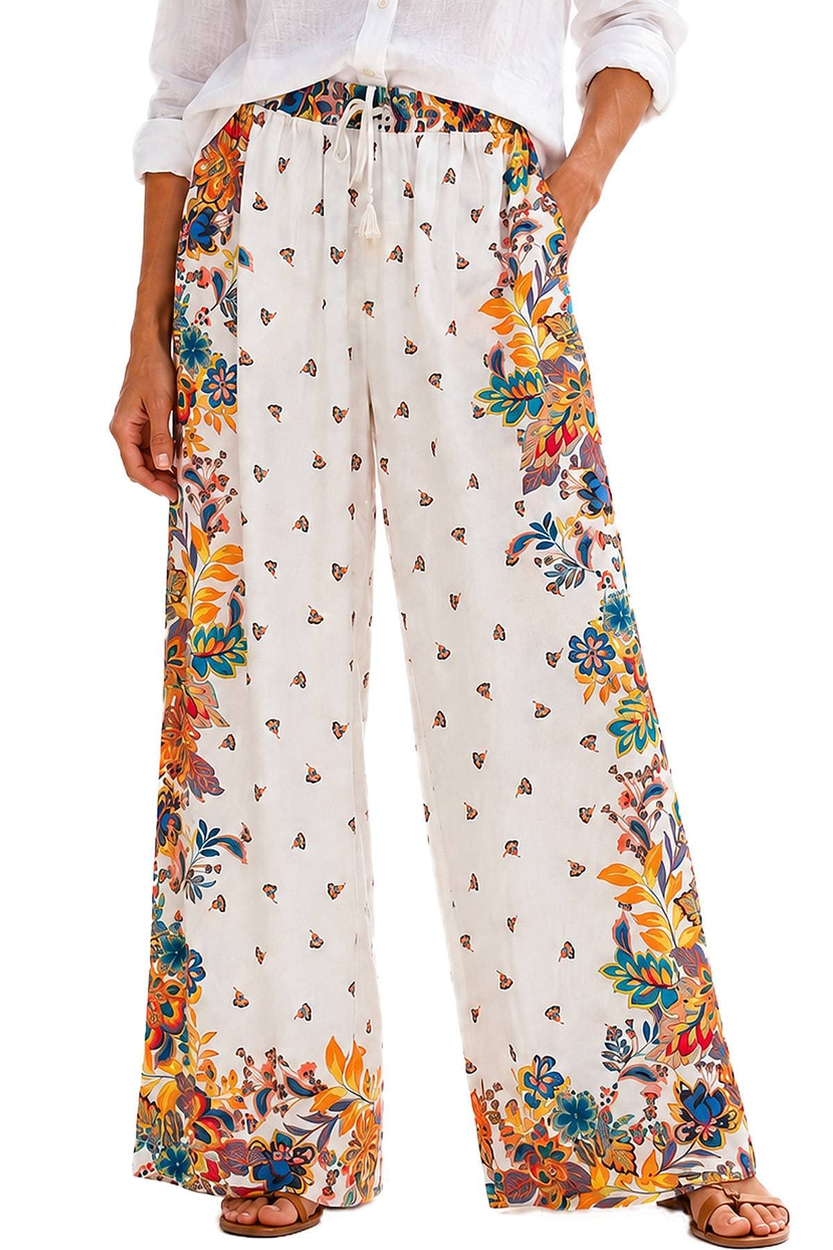 MultiColor Floral White Drawstring Silk Pants - 185.00 - Main product view