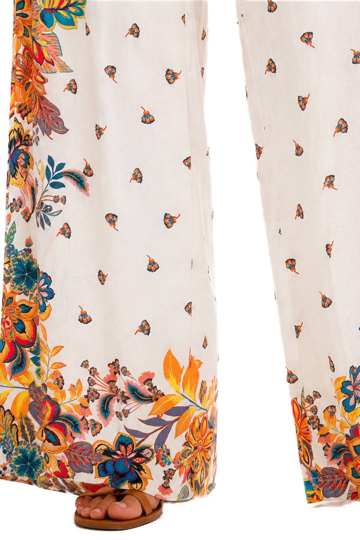 MultiColor Floral White Drawstring Silk Pants - 185.00 - Alternative view 4
