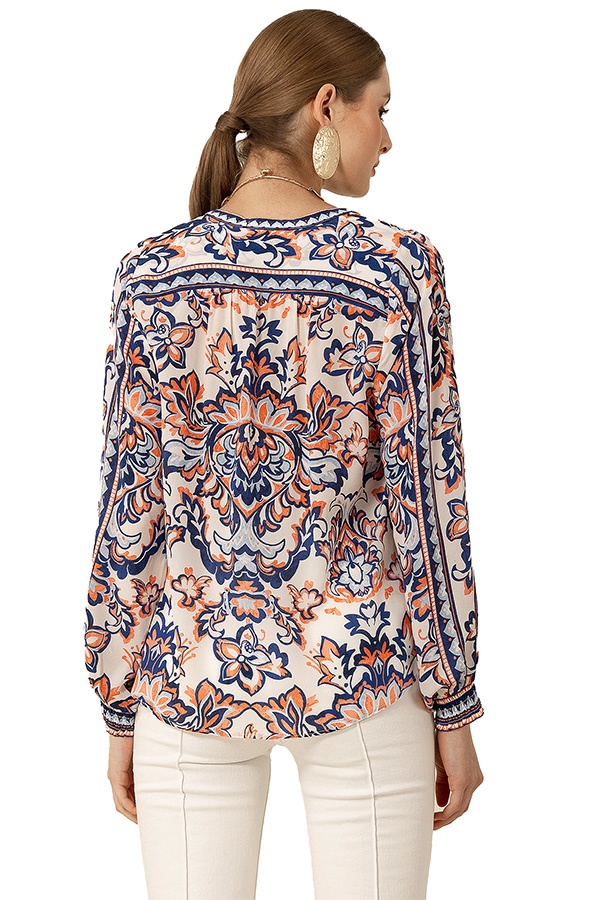 Elegant long sleeve silk blend blouse with delicate ruffles and sophisticated styling